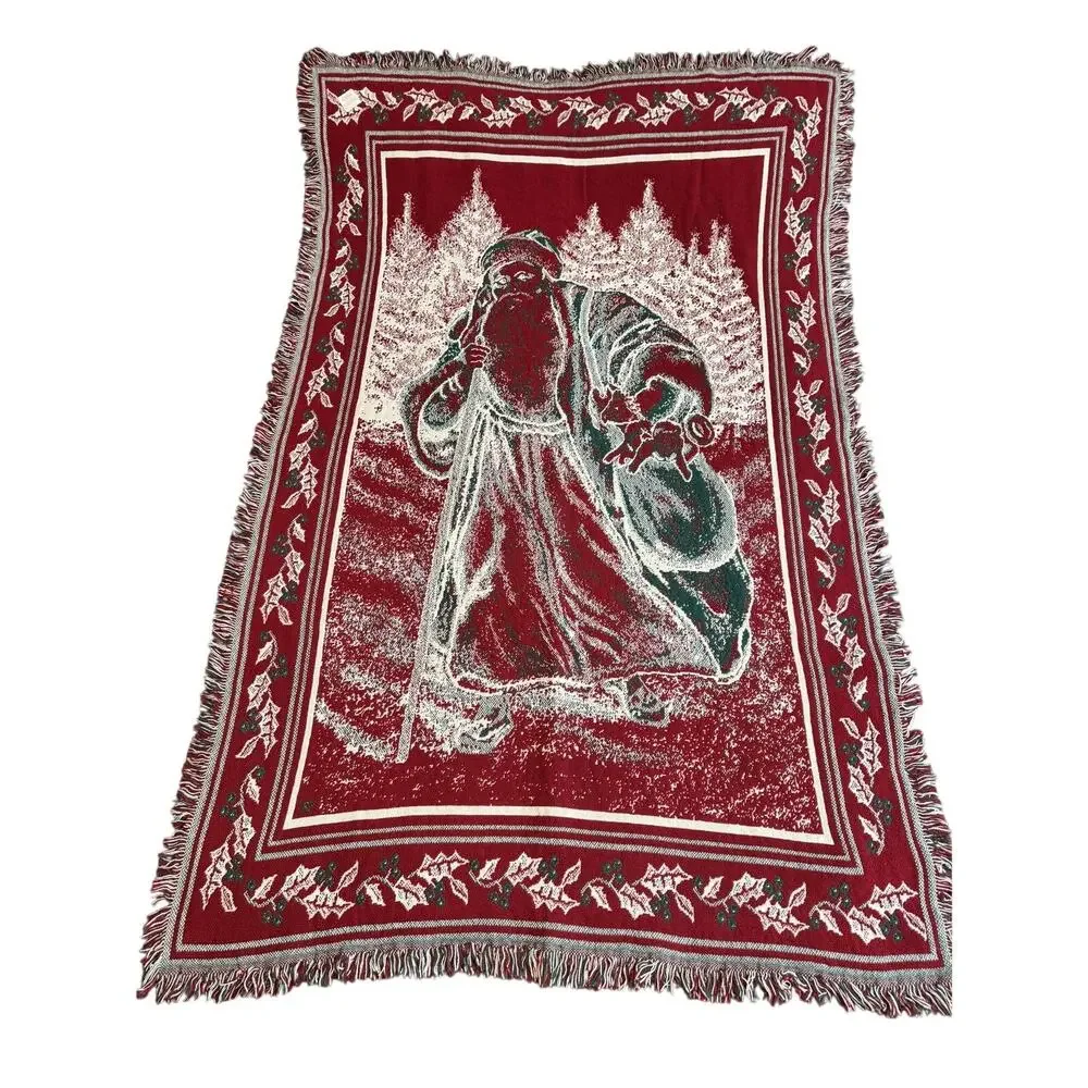 Chatham Christmas Santa Holiday Jacquard Woven Cotten Tapestry Throw Blanket VTG